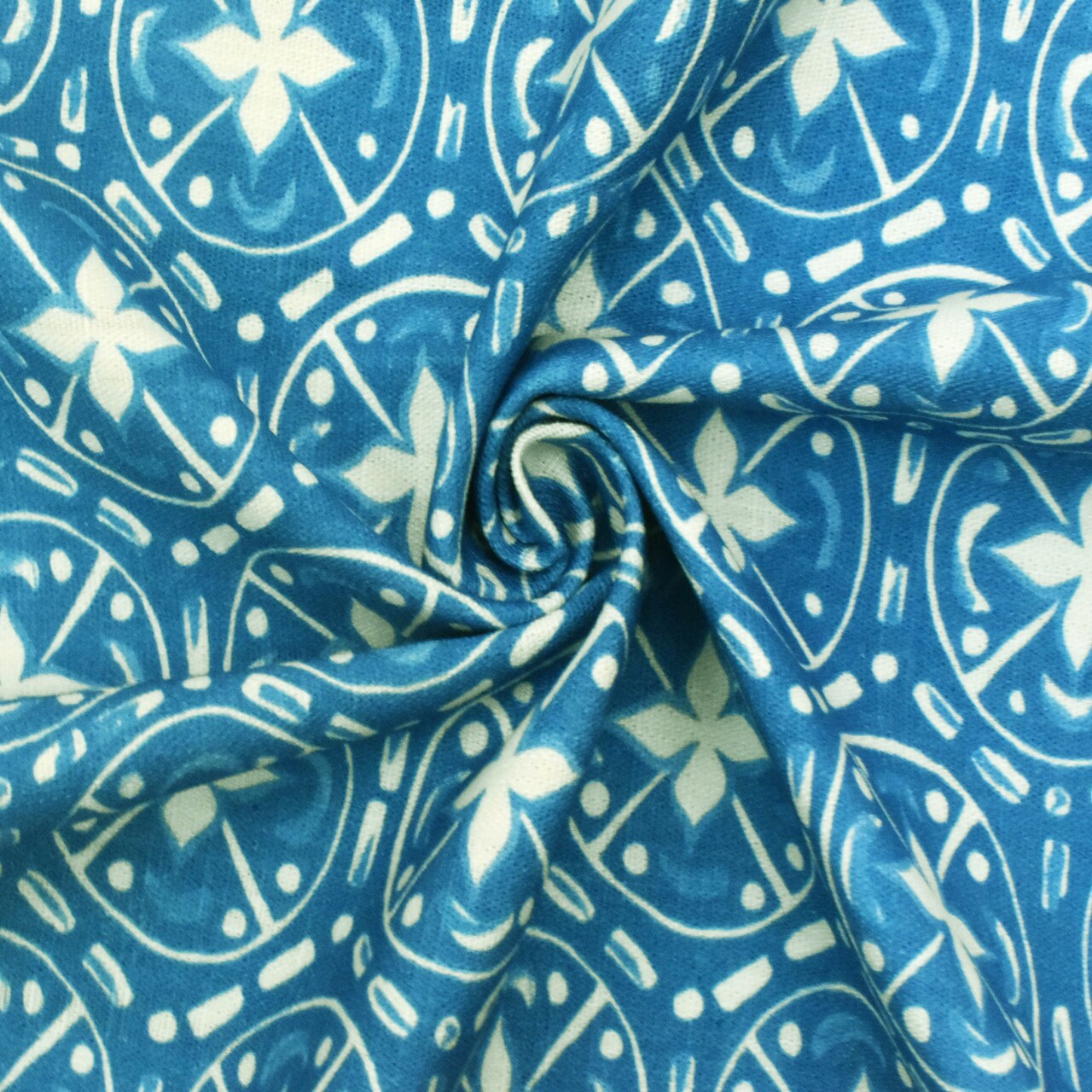 Vacay Blue-Ivory Abstract Tile Printed Slub Home Decorating Fabric By the Yard